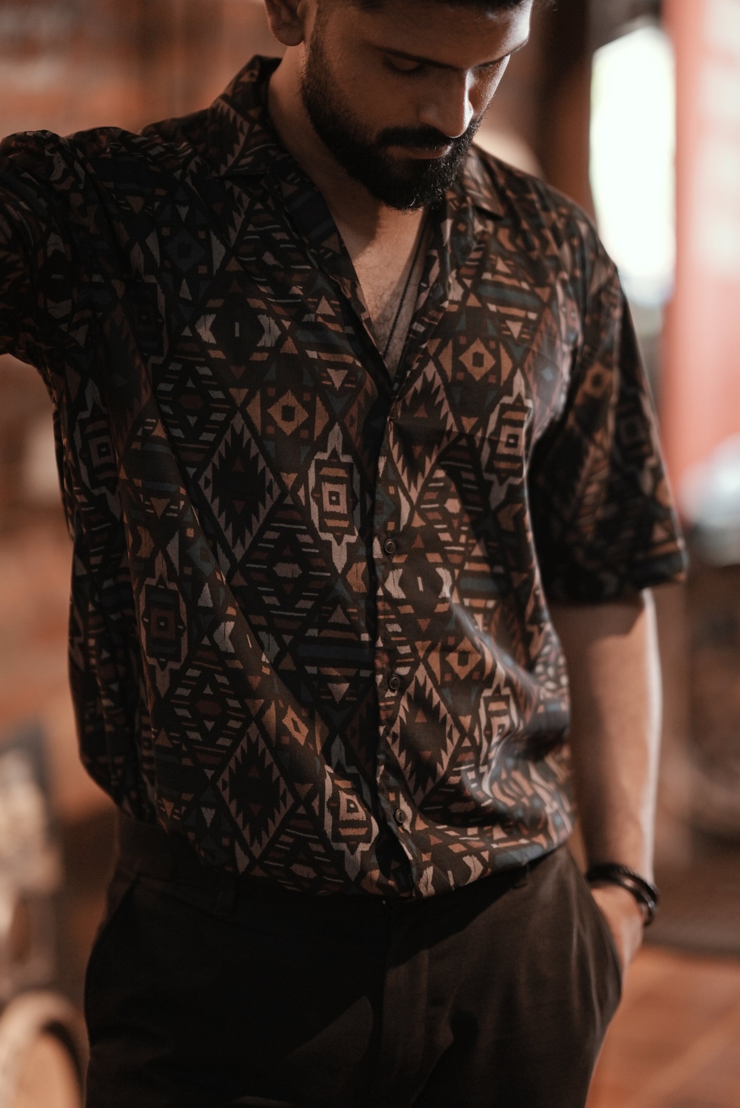 Tribal Canvas - Abstract Print Half Sleeve Shirt : Matt Black