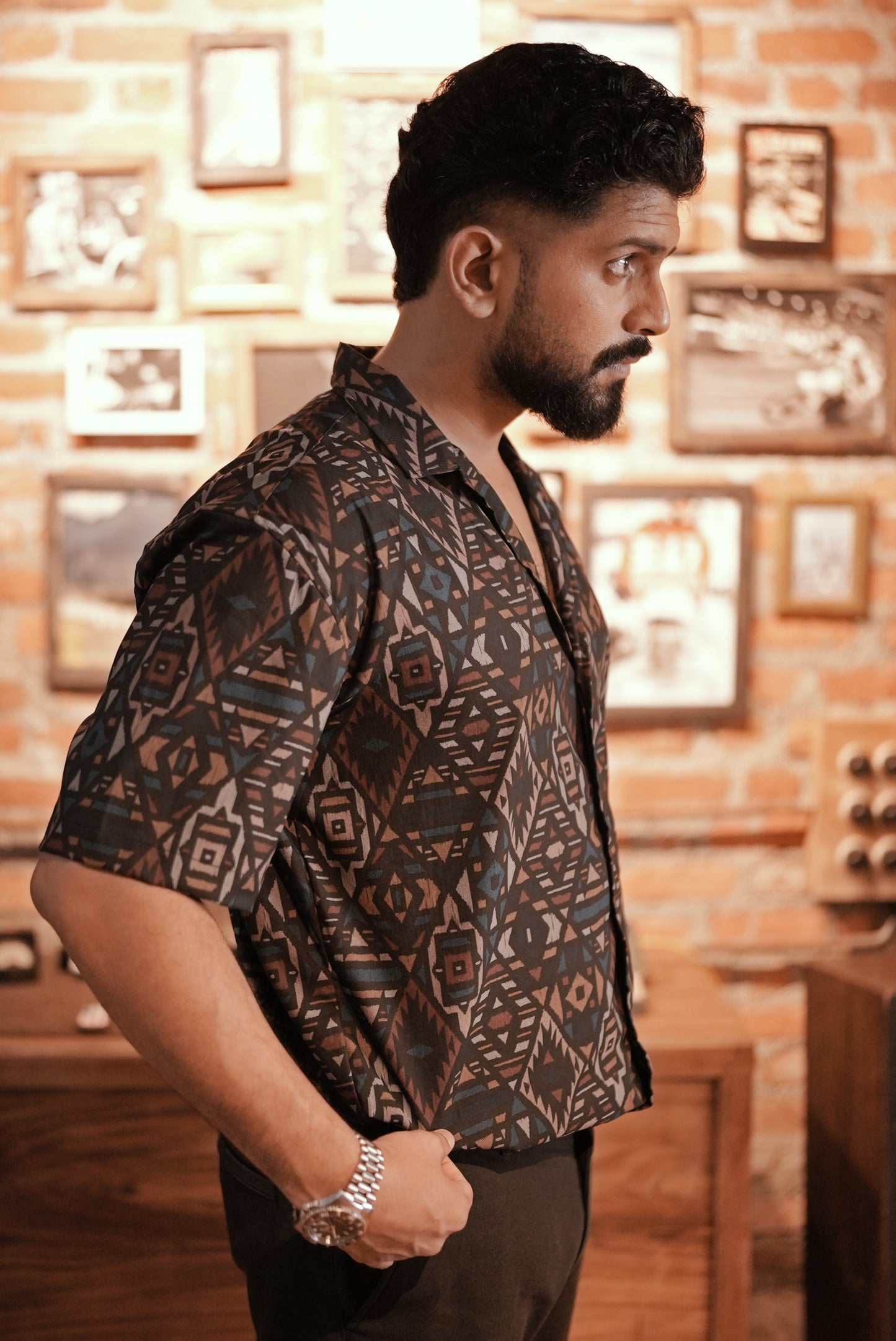 Tribal Canvas - Abstract Print Half Sleeve Shirt : Matt Black