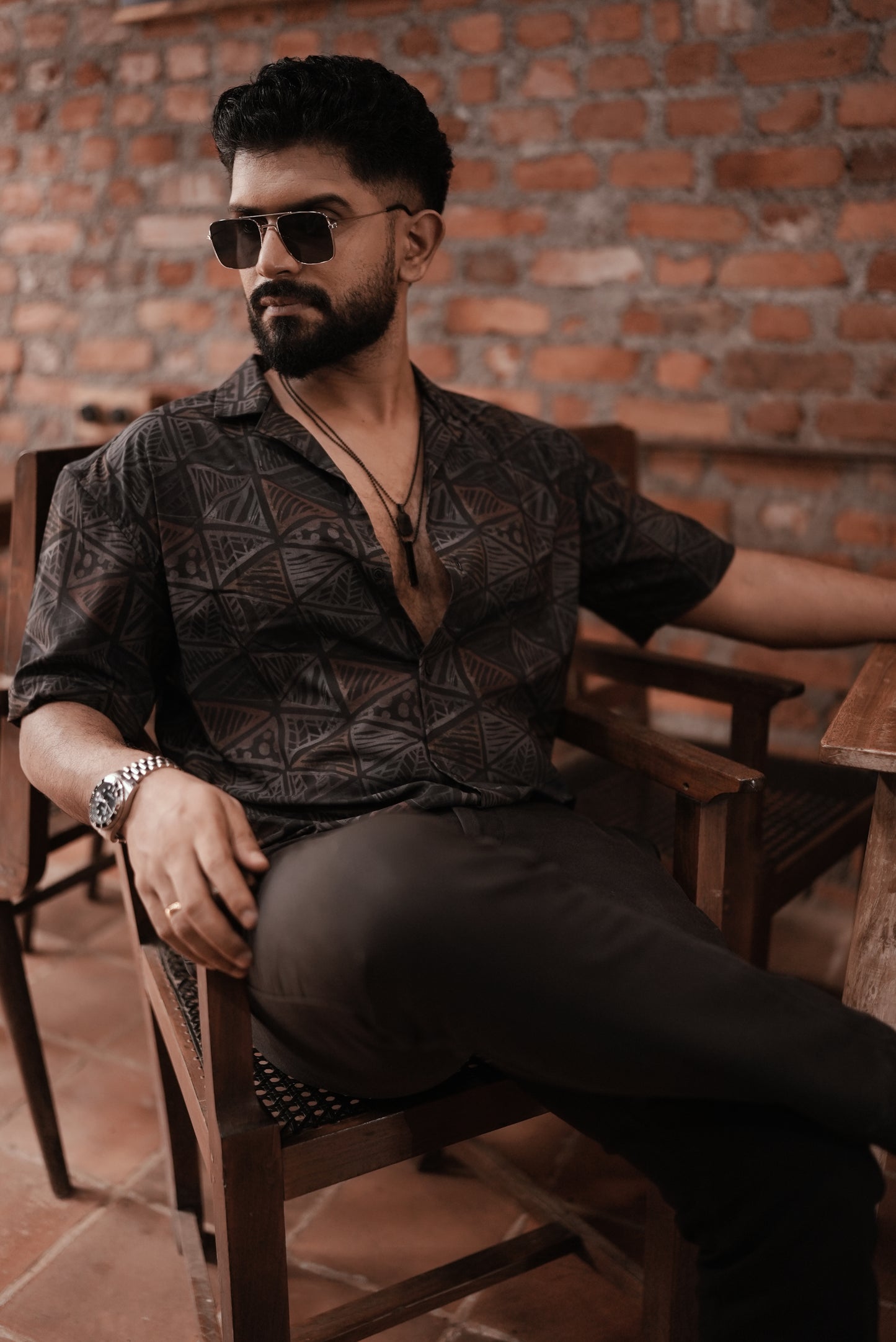 Tropical Canvas - Abstract Print Half Sleeve Shirt : Matt Black