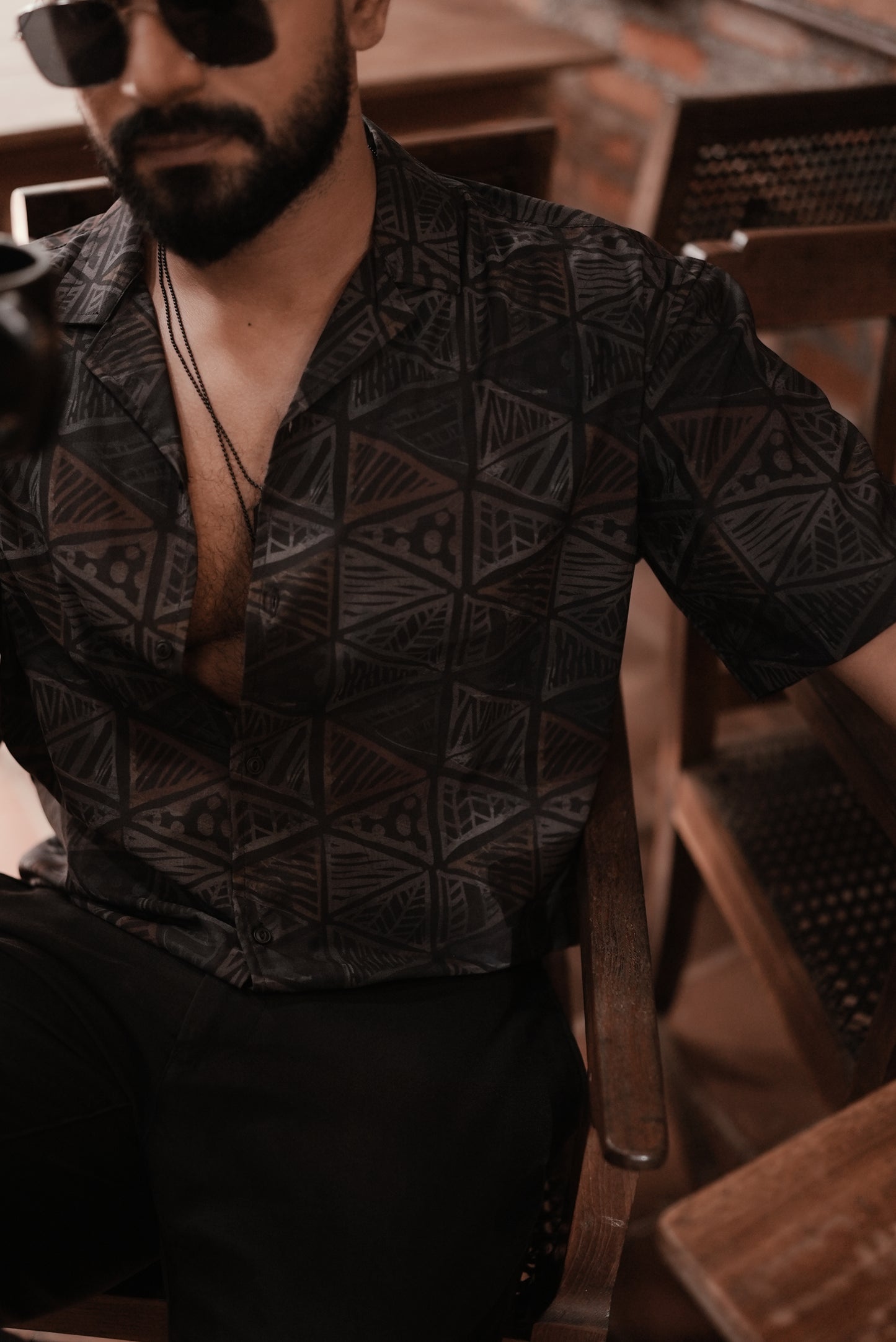 Tropical Canvas - Abstract Print Half Sleeve Shirt : Matt Black